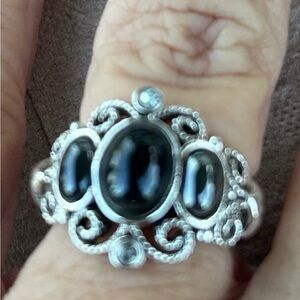 VINTAGE AVON  cocktail ring with  3  hematite cabochon stones & diamond sz6